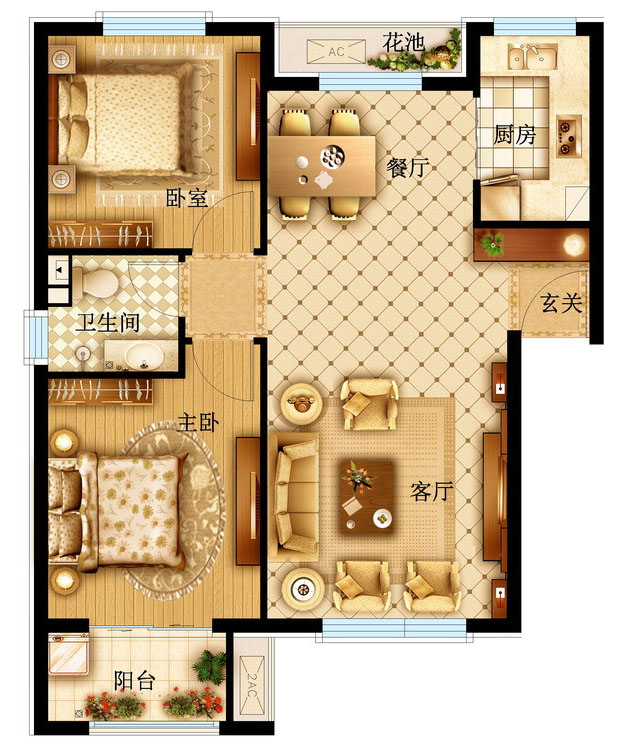 中式二居室装修设计效果图